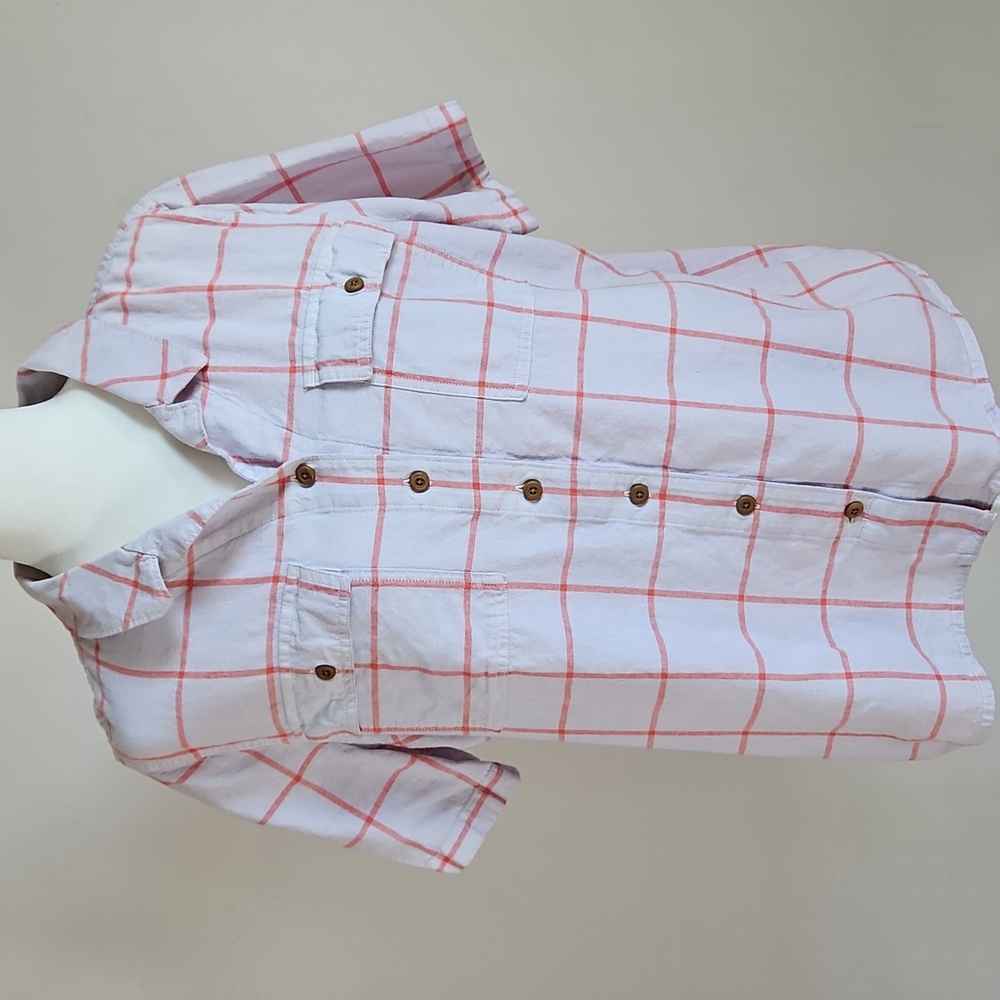 Duluth Size LG Camp Shirt Windowpane Plaid Short Sleeve Granola Outdoor Pockets